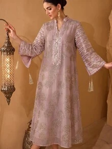 Al Najma Women's Elegant Crafted Fabric Tassel Decor Loose Long Robe - Pink - View 6