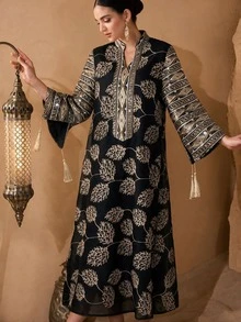 Al Najma Women's Elegant Craft Fabric Tassel Decor Loose Long Robe - Black - View 7
