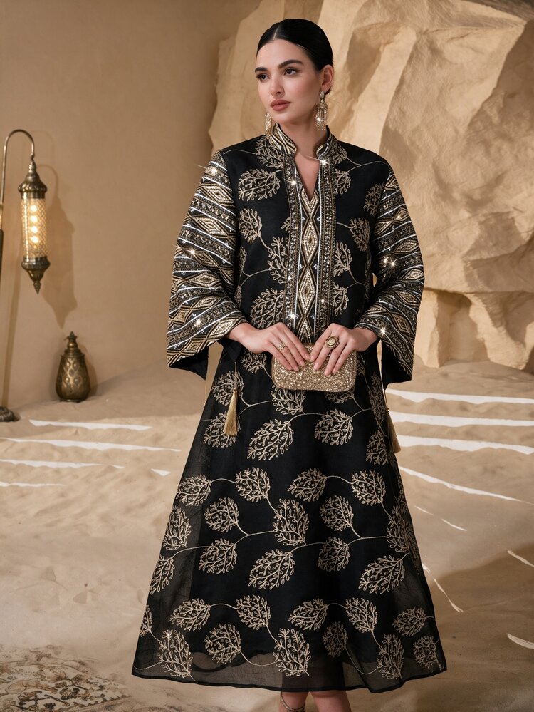 Al Najma Women's Elegant Craft Fabric Tassel Decor Loose Long Robe - Black - View 8