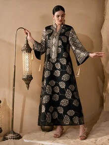 Al Najma Women's Elegant Craft Fabric Tassel Decor Loose Long Robe - Black - View 3