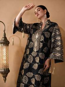 Al Najma Women's Elegant Craft Fabric Tassel Decor Loose Long Robe - Black - View 4