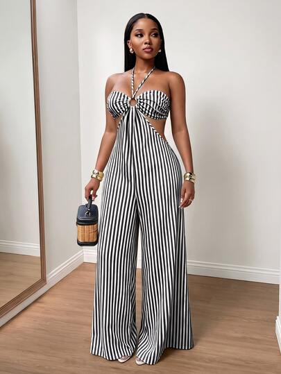 BamGleam Mono de mujer a rayas negras y blancas con diseño calado, casual y sexy, para uso diario, cuello halter, playa, salidas, vacaciones, noche, verano