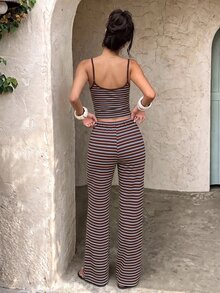 Aloruh 女款條紋細肩帶上衣與長褲休閒日常套裝 - 棕色 - 查看 2