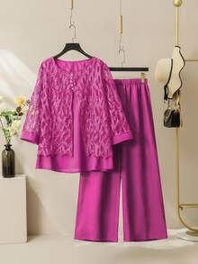 SHEIN Lacomfia Elegant Mesh Patchwork Round Neck 3/4 Sleeve Loose Regular Shirt And Elastic Waist Pants 2 Pieces Set, Plus Size, Spring/Autumn - Hot Pink - View 3