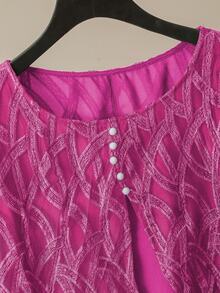 SHEIN Lacomfia Elegant Mesh Patchwork Round Neck 3/4 Sleeve Loose Regular Shirt And Elastic Waist Pants 2 Pieces Set, Plus Size, Spring/Autumn - Hot Pink - View 9