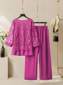 SHEIN Lacomfia Elegant Mesh Patchwork Round Neck 3/4 Sleeve Loose Regular Shirt And Elastic Waist Pants 2 Pieces Set, Plus Size, Spring/Autumn - Hot Pink - View 2