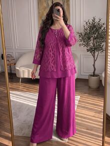 SHEIN Lacomfia Elegant Mesh Patchwork Round Neck 3/4 Sleeve Loose Regular Shirt And Elastic Waist Pants 2 Pieces Set, Plus Size, Spring/Autumn - Hot Pink - View 1