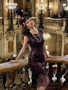 Vintamour Vintage Elegant Beaded Embroidered Tassel Party Holiday Dress Autumn Fall Winter Elegant Party Dress Christmas Halloween Sequin Dress Festival Sparkly - Burgundy - View 2