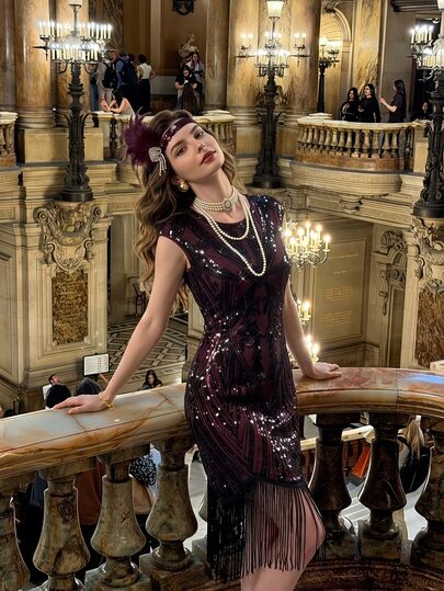 Vintamour Vestido de fiesta elegante vintage con bordado de cuentas y flecos para otoño, invierno, Navidad, Halloween y festivales, con lentejuelas y brillo