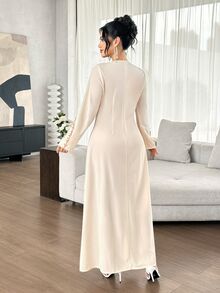 Yasmyna French Vintage Square Neck Pearl Embroidered Long Sleeve Dress, Elegant Autumn/Winter Muslim Abaya - Apricot - View 3