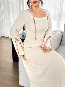 Yasmyna French Vintage Square Neck Pearl Embroidered Long Sleeve Dress, Elegant Autumn/Winter Muslim Abaya - Apricot - View 8