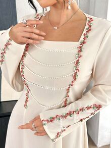 Yasmyna French Vintage Square Neck Pearl Embroidered Long Sleeve Dress, Elegant Autumn/Winter Muslim Abaya - Apricot - View 5