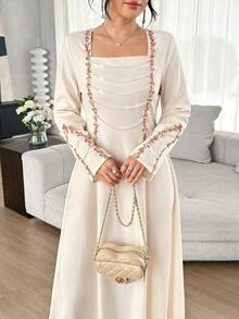 Yasmyna French Vintage Square Neck Pearl Embroidered Long Sleeve Dress, Elegant Autumn/Winter Muslim Abaya - Apricot - View 10
