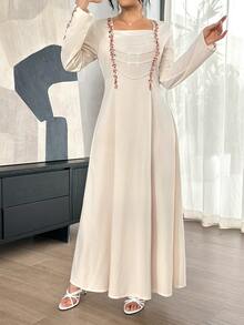 Yasmyna French Vintage Square Neck Pearl Embroidered Long Sleeve Dress, Elegant Autumn/Winter Muslim Abaya - Apricot - View 9