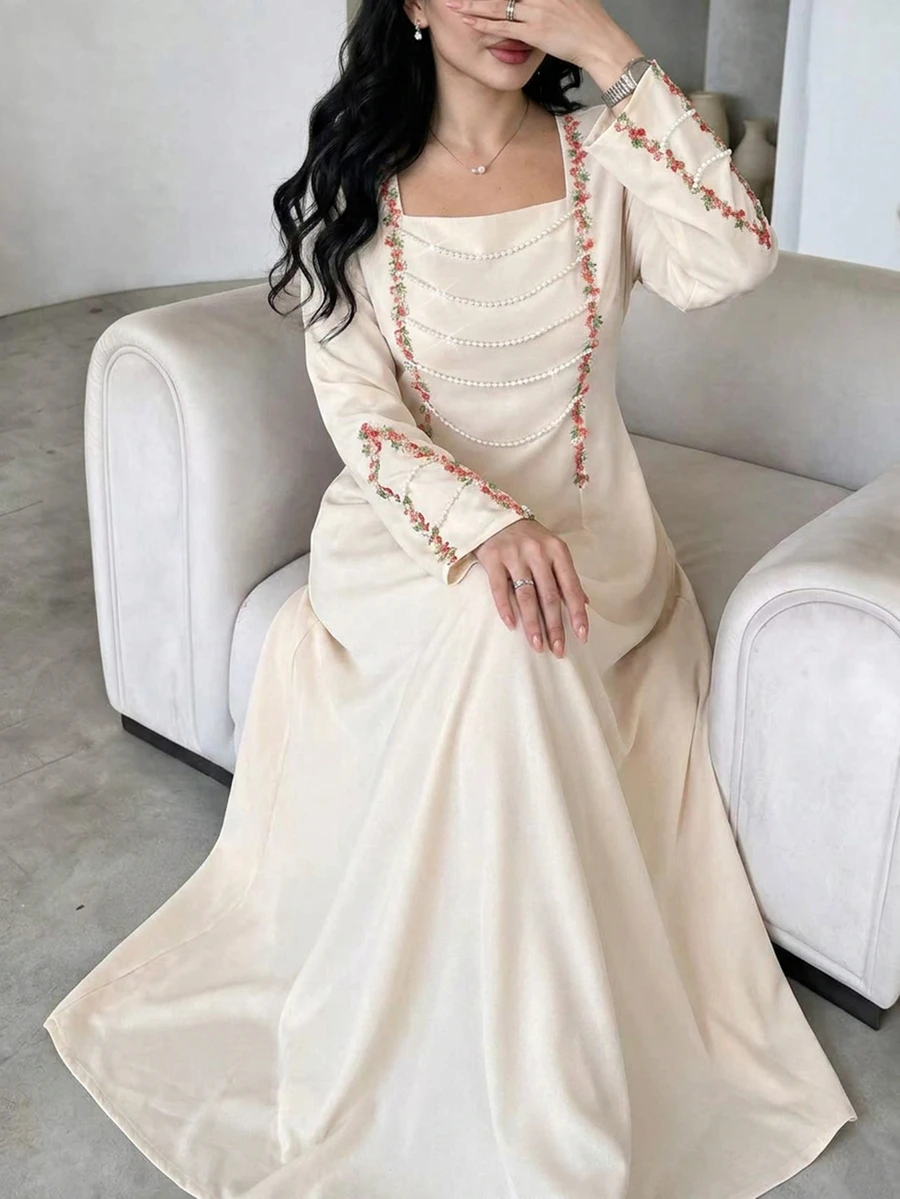Yasmyna French Vintage Square Neck Pearl Embroidered Long Sleeve Dress, Elegant Autumn/Winter Muslim Abaya