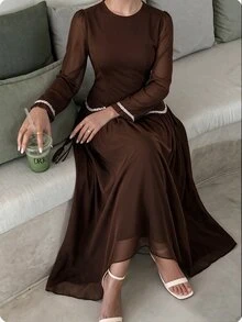 Graceveil Brown Round Neck Petal Sleeve Middle Eastern Gentle Style Sequin Wavy Hem Long Chiffon Dress - Coffee - View 4