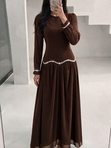 Graceveil Brown Round Neck Petal Sleeve Middle Eastern Gentle Style Sequin Wavy Hem Long Chiffon Dress - Coffee - View 6