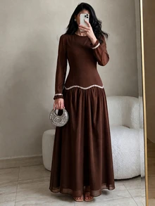 Graceveil Brown Round Neck Petal Sleeve Middle Eastern Gentle Style Sequin Wavy Hem Long Chiffon Dress - Coffee - View 1