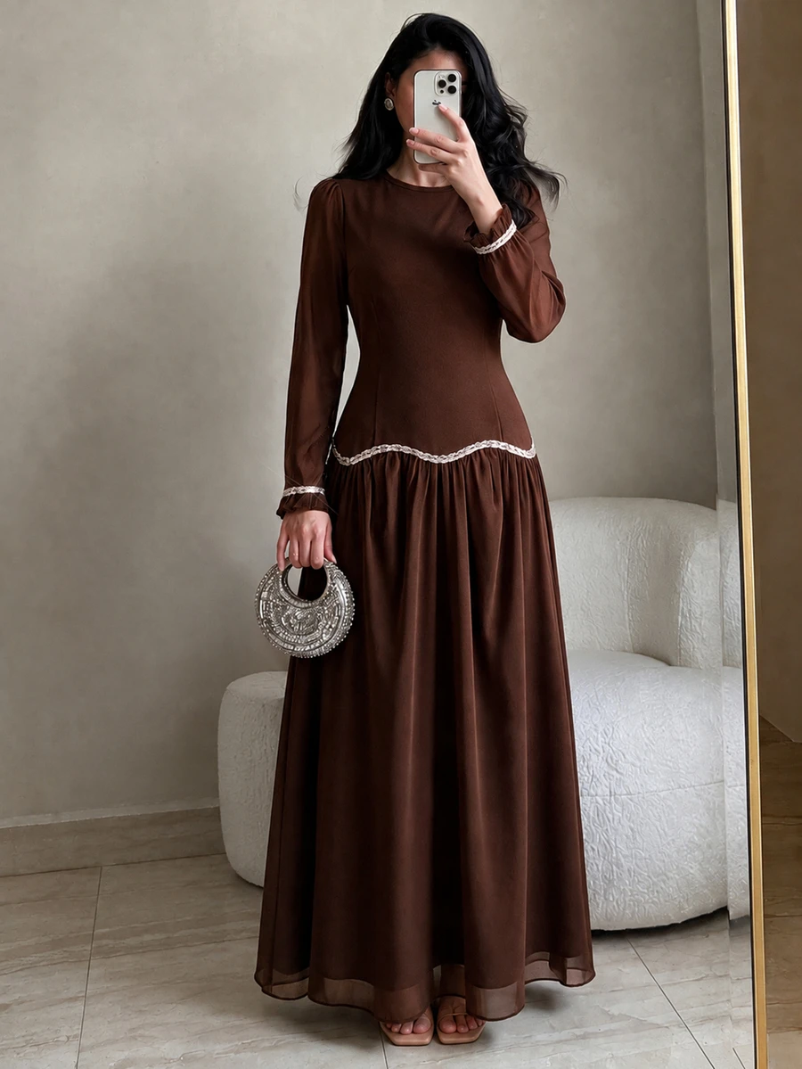 Graceveil Brown Round Neck Petal Sleeve Middle Eastern Gentle Style Sequin Wavy Hem Long Chiffon Dress - Coffee - View 1