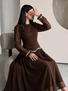 Graceveil Brown Round Neck Petal Sleeve Middle Eastern Gentle Style Sequin Wavy Hem Long Chiffon Dress - Coffee - View 3