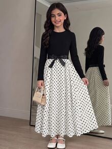 SHEIN Serisse Kids 兒童青少年女孩休閒優雅黑白波點印花拼接圓領長袖洋裝 - 黑與白 - 查看 9