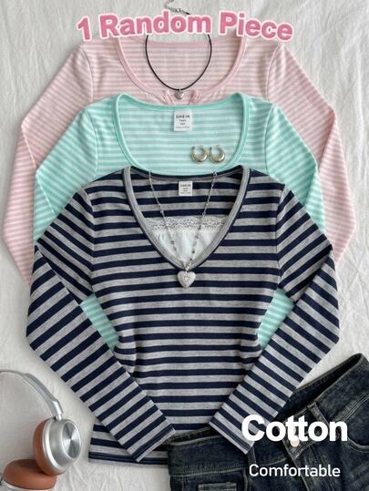 Tween Girl Striped Lace Patchwork Casual Everyday Long Sleeve T-Shirt