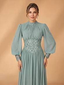 Serin Elegant Sage Green Chiffon Lace Applique High Neck Ruffle Long Sleeve Ruched A Line Mother Of The Bride Dress Wedding Guest Formal Autumn Evening Gown - Teal Blue - View 2