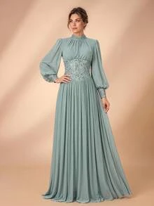 Serin Elegant Sage Green Chiffon Lace Applique High Neck Ruffle Long Sleeve Ruched A Line Mother Of The Bride Dress Wedding Guest Formal Autumn Evening Gown - Teal Blue - View 3