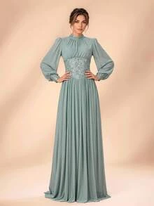 Serin Elegant Sage Green Chiffon Lace Applique High Neck Ruffle Long Sleeve Ruched A Line Mother Of The Bride Dress Wedding Guest Formal Autumn Evening Gown - Teal Blue - View 5