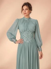 Serin Elegant Sage Green Chiffon Lace Applique High Neck Ruffle Long Sleeve Ruched A Line Mother Of The Bride Dress Wedding Guest Formal Autumn Evening Gown - Teal Blue - View 8