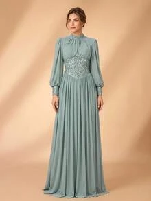 Serin Elegant Sage Green Chiffon Lace Applique High Neck Ruffle Long Sleeve Ruched A Line Mother Of The Bride Dress Wedding Guest Formal Autumn Evening Gown - Teal Blue - View 4