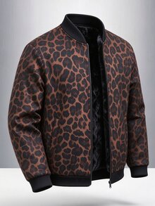 Manfinity Homme Men's Fashion Versatile Leopard Print Zip-Up Long Sleeve Fleece Jacket, Bomber - Multicolor - View 3