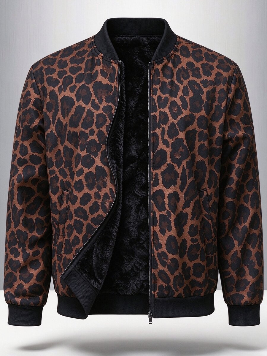 Manfinity Homme Men's Fashion Versatile Leopard Print Zip-Up Long Sleeve Fleece Jacket, Bomber - Multicolor - View 1