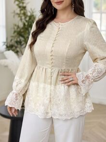 Solavon Plus Size Sweet French Style Button Lace Patchwork Flared Cuff Blouse - Beige - View 5