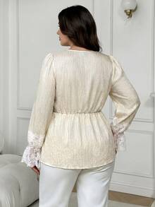 Solavon Plus Size Sweet French Style Button Lace Patchwork Flared Cuff Blouse - Beige - View 2