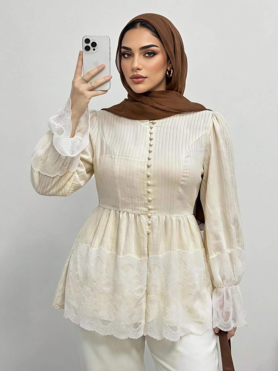 Solavon Plus Size Sweet French Style Button Lace Patchwork Flared Cuff Blouse - Beige - View 1