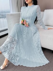 Feyla 女士花卉蕾丝荷叶边立领长袖优雅连衣裙 - 藍色 - 查看 8