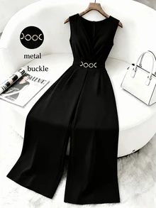 GlowEve CURVE Plus Size Women's Elegant Solid Color V-Neck Sleeveless Gold Decor Waist Buckle Cinched Waist Wide Leg Jumpsuit, Suitable For Spring/Summer Commuting And Daily Wear - Black - View 1