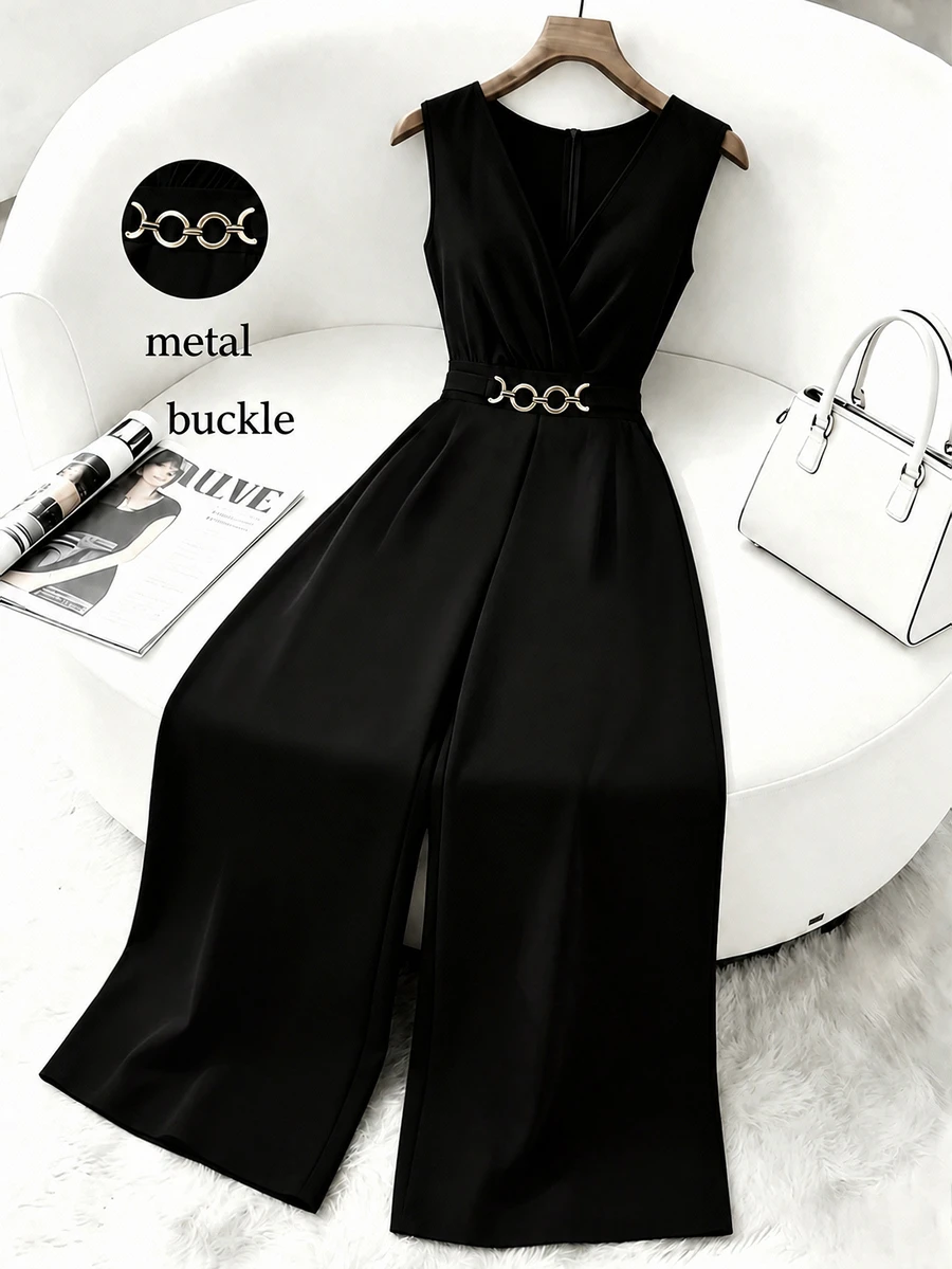 GlowEve CURVE Plus Size Women's Elegant Solid Color V-Neck Sleeveless Gold Decor Waist Buckle Cinched Waist Wide Leg Jumpsuit, Suitable For Spring/Summer Commuting And Daily Wear - Black - View 1
