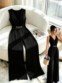 GlowEve CURVE Plus Size Women's Elegant Solid Color V-Neck Sleeveless Gold Decor Waist Buckle Cinched Waist Wide Leg Jumpsuit, Suitable For Spring/Summer Commuting And Daily Wear - Black - View 7