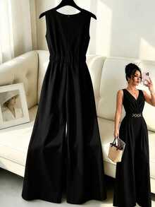 GlowEve CURVE Plus Size Women's Elegant Solid Color V-Neck Sleeveless Gold Decor Waist Buckle Cinched Waist Wide Leg Jumpsuit, Suitable For Spring/Summer Commuting And Daily Wear - Black - View 2