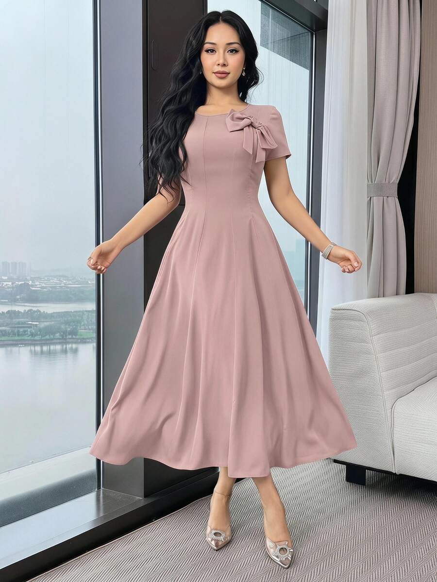 Feyla 女士纯色圆领短袖蝴蝶结装饰优雅中长连衣裙