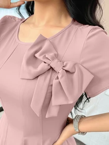 Feyla 女士纯色圆领短袖蝴蝶结装饰优雅中长连衣裙 - 淺粉色 - 查看 7
