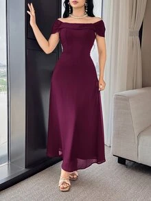 Feyla Women's Elegant Solid Color Off-Shoulder Dress, Summer - Red Violet - View 6
