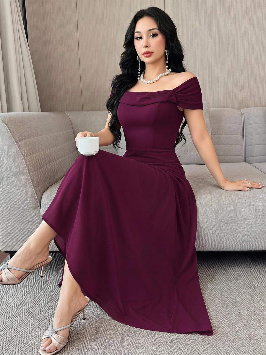 Feyla Women's Elegant Solid Color Off-Shoulder Dress, Summer - Red Violet - View 1