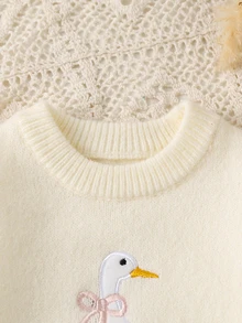 SHEIN Baby Girl Winter Clothing, Vintage Floral Embroidered Knit Sweater, Cute Green Flower Round Neck Pullover, Warm Comfortable Versatile - White - View 3