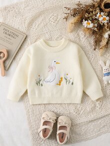 SHEIN Baby Girl Winter Clothing, Vintage Floral Embroidered Knit Sweater, Cute Green Flower Round Neck Pullover, Warm Comfortable Versatile - White - View 4