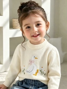 SHEIN Baby Girl Winter Clothing, Vintage Floral Embroidered Knit Sweater, Cute Green Flower Round Neck Pullover, Warm Comfortable Versatile - White - View 1