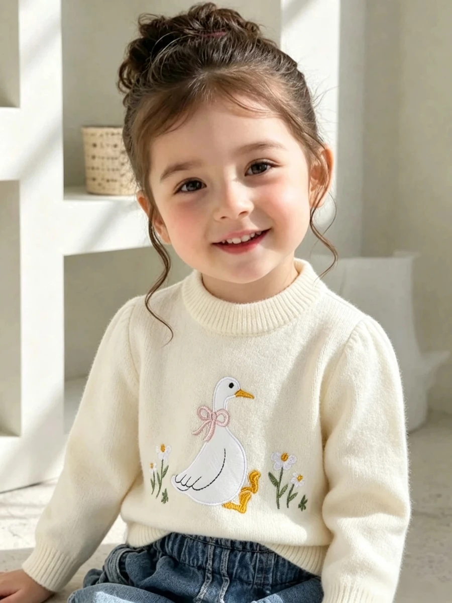 SHEIN Baby Girl Winter Clothing, Vintage Floral Embroidered Knit Sweater, Cute Green Flower Round Neck Pullover, Warm Comfortable Versatile - White - View 1