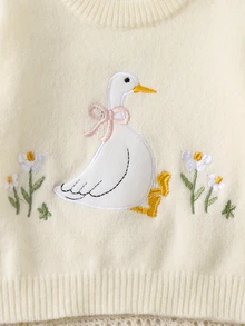 SHEIN Baby Girl Winter Clothing, Vintage Floral Embroidered Knit Sweater, Cute Green Flower Round Neck Pullover, Warm Comfortable Versatile - White - View 5